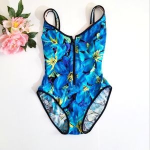 La Blanca 90s Vintage One Piece High Cut Front Zip Floral Swimsuit